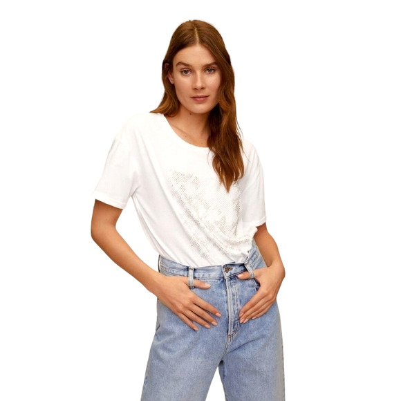 Tops - NEW Mango White Sequined Cotton T Shirt Medium